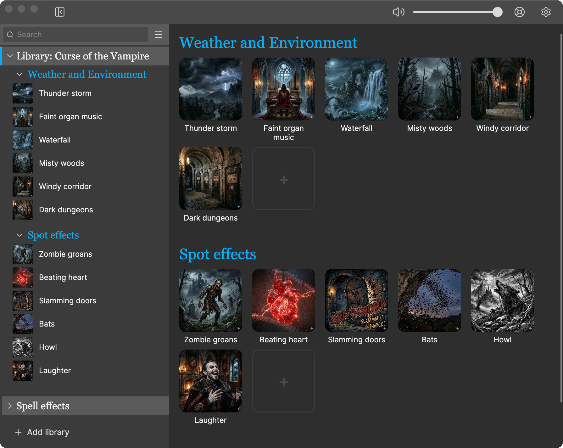 Softrope library browser showing sections and scene cards